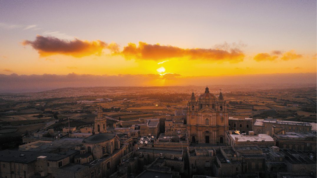 Aerial view of Mdina at sunrise