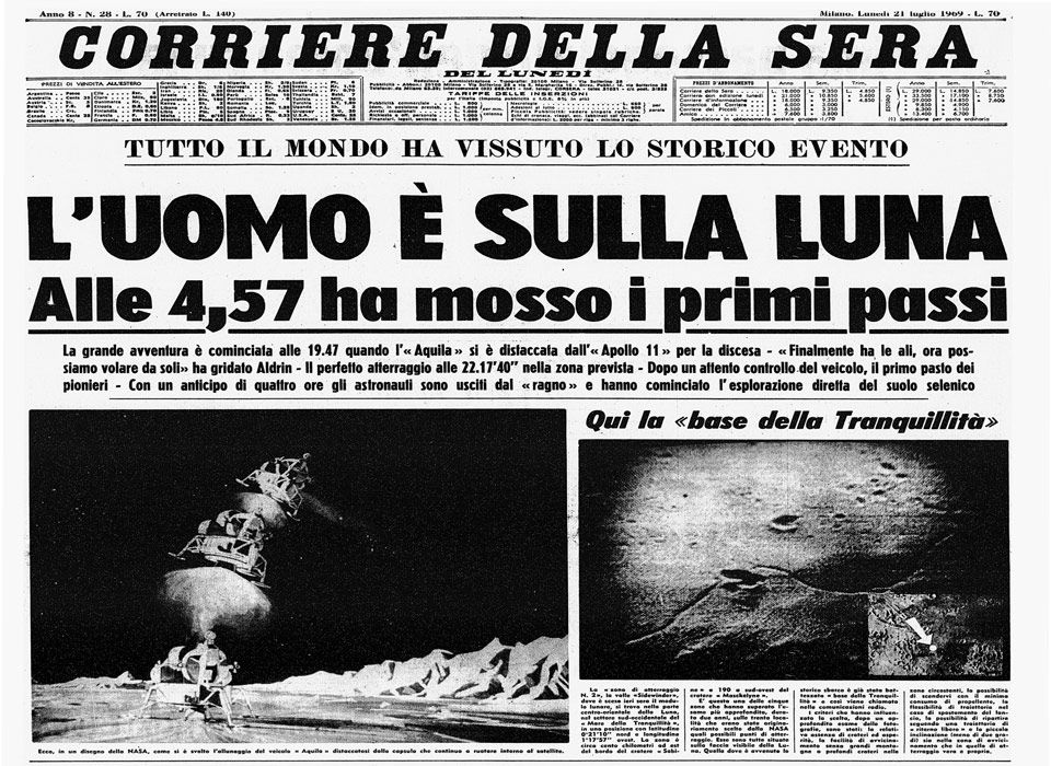 Corriere della Sera del 21 luglio 1969. Lo sbarco sulla Luna. Armstrong, Aldrin e Collins conquistano il suolo lunare.